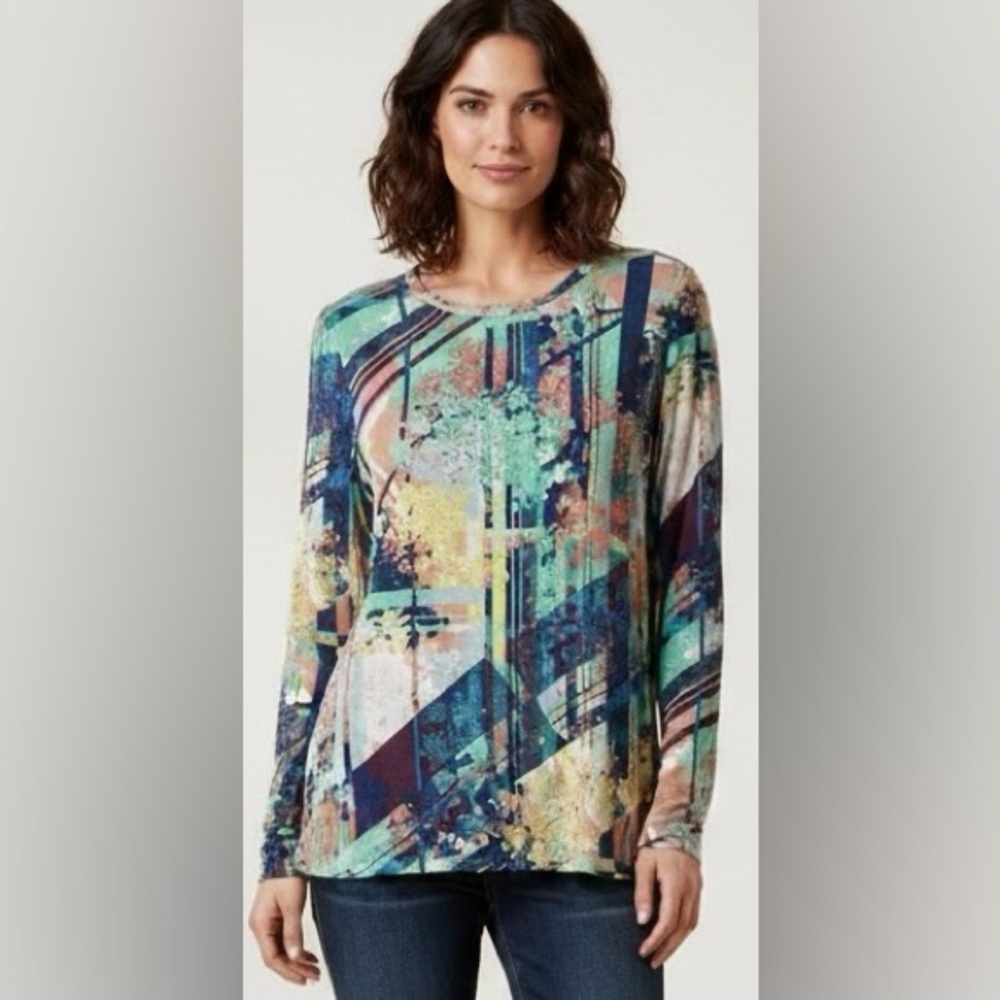 BCBG teal base color multi-pattern thin blouse, long sleeves, Great shape, Large